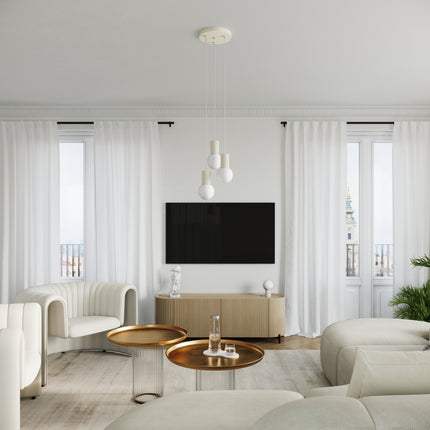Suspension Halo 3P Beige, luminaire 3 globes verre opalin et aluminium beige mat nervuré, schema des dimensions
