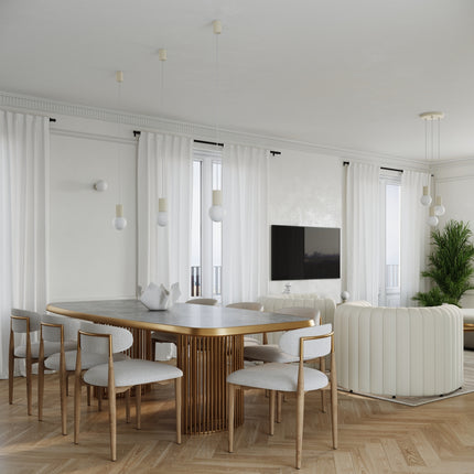 Suspension Halo 3P Beige, luminaire 3 globes verre opalin et aluminium beige mat nervuré, photo d'ambiance en salle a manger