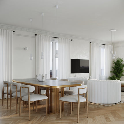 Suspension Halo 3P Blanche, luminaire 3 globes verre opalin et aluminium blanc mat, photo d'ambiance en salle a manger