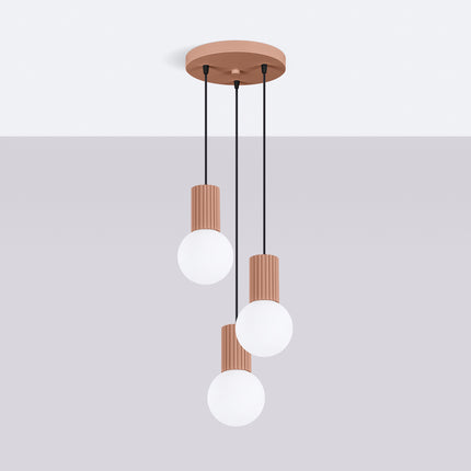 Suspension Halo 3P Moka, luminaire 3 globes verre opalin et aluminium moka nervuré, vue d'ensemble