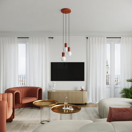 Suspension Halo 3P Rouge Ocre, luminaire 3 globes verre opalin et aluminium nervuré rouge ocre, schema des dimensions