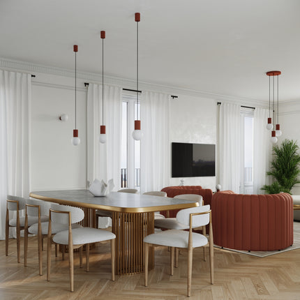 Suspension Halo 3P Rouge Ocre, luminaire 3 globes verre opalin et aluminium nervuré rouge ocre, photo d'ambiance en salle ...
