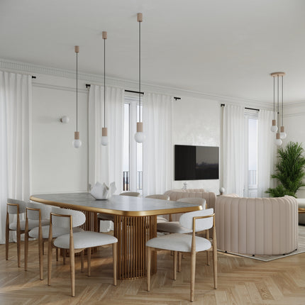 Suspension Halo 3P Taupe, luminaire 3 globes verre opalin et aluminium taupe nervuré, photo d'ambiance en salle a manger