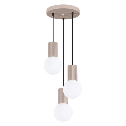 Suspension Halo 3P Taupe, luminaire 3 globes verre opalin et aluminium taupe nervuré, packshot studio fond blanc