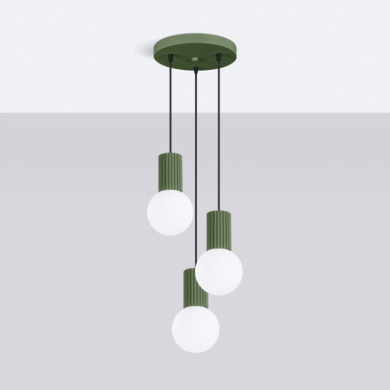 Suspension Halo 3P Vert Olive, luminaire 3 globes verre opalin et aluminium vert olive nervuré, vue d'ensemble