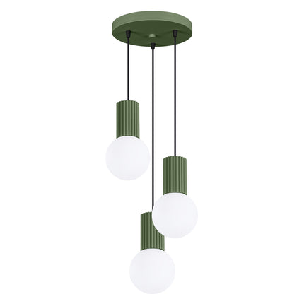 Suspension Halo 3P Vert Olive, luminaire 3 globes verre opalin et aluminium vert olive nervuré, vue d'ensemble
