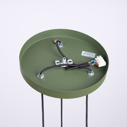 Suspension Halo 3P Vert Olive, luminaire 3 globes verre opalin et aluminium vert olive nervuré, vue en contre-plongee