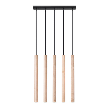 Suspension Halo 5 bois naturel sur fond blanc, 5 tubes suspendus par câbles noirs fins