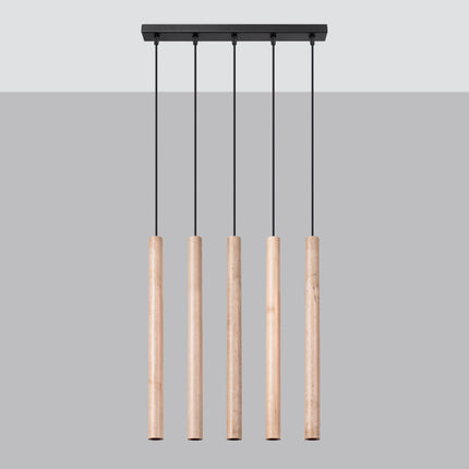 Suspension Halo 5 bois naturel, vue packshot sur fond gris et blanc mettant en valeur le grain du bois