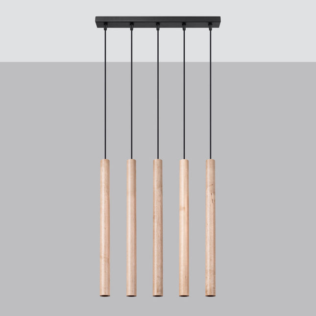 Suspension Halo 5 bois naturel, vue packshot sur fond gris et blanc mettant en valeur le grain du bois