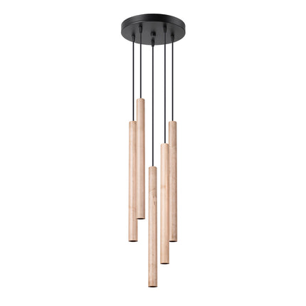 Suspension Halo 5 bois naturel sur fond blanc, 5 tubes suspendus par câbles noirs fins