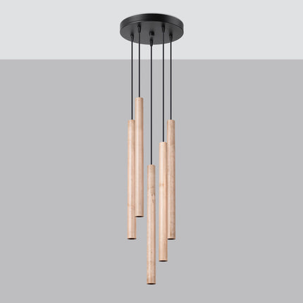 Suspension Halo 5 bois naturel, vue packshot sur fond gris et blanc mettant en valeur le grain du bois
