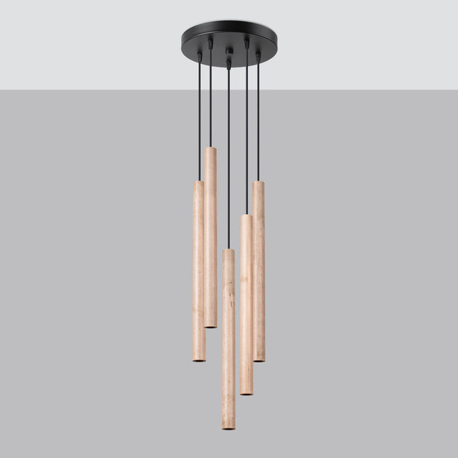 Suspension Halo 5 bois naturel, vue packshot sur fond gris et blanc mettant en valeur le grain du bois