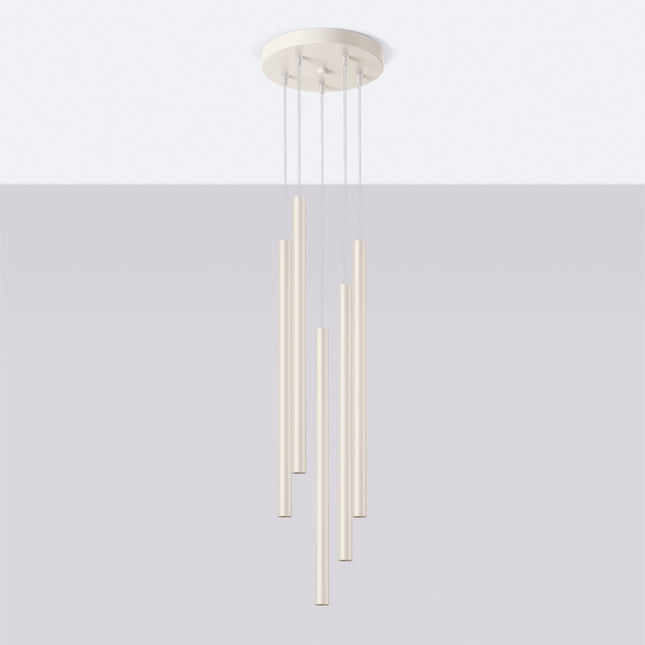 suspension halo 5 tubes étagés beige en acier, vue en situation