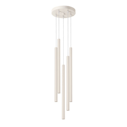 suspension halo 5 tubes étagés beige en acier, packshot sur fond blanc