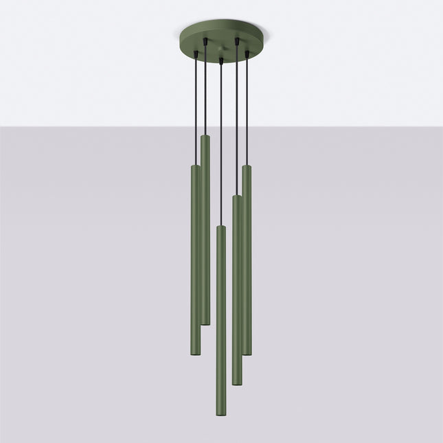 suspension halo 5 tubes étagés vert olive en acier, vue en situation