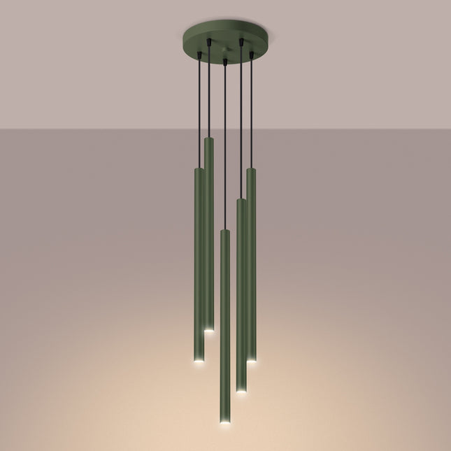 suspension halo 5 tubes étagés vert olive en acier, lumière allumée