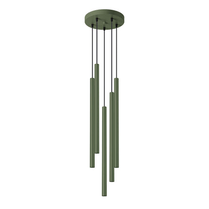 suspension halo 5 tubes étagés vert olive en acier, packshot sur fond blanc
