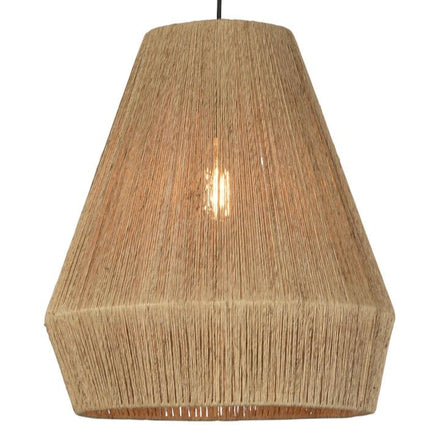 Suspension Iguazu en jute tressé naturel sur fond blanc, packshot complet de l'abat-jour conique