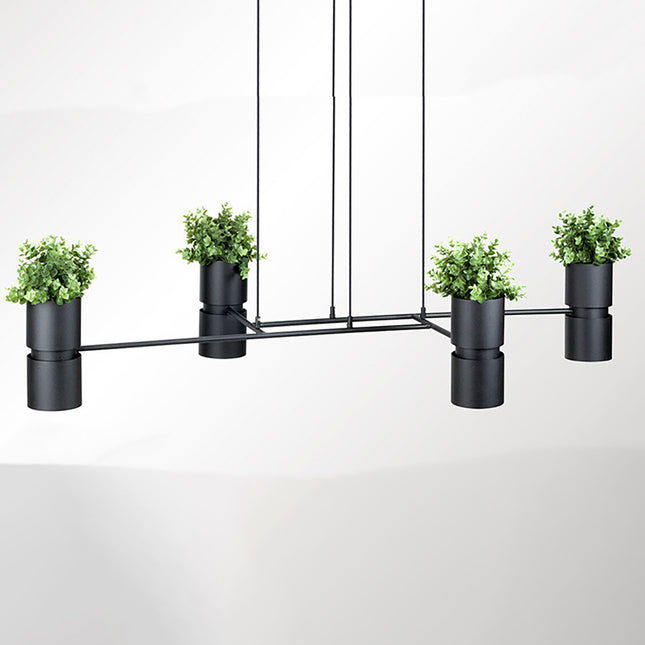 Suspension jardinière lumineuse noire à 4 spots GU10 avec petites plantes vertes, sur fond clair