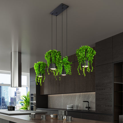 Suspension jardinière noire à plantes suspendues dans une cuisine contemporaine sombre et bois
