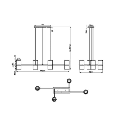 Schéma de cotes de la suspension jardinière lumineuse noire, 142 x 62 cm, hauteur max 150 cm