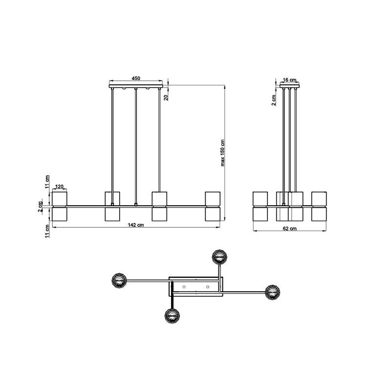 Dimensions Suspension Jardinière Lumineuse Noire 4 Spots