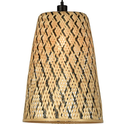 Product shot of the conical Kalimantan pendant light in natural and black woven bamboo on white background