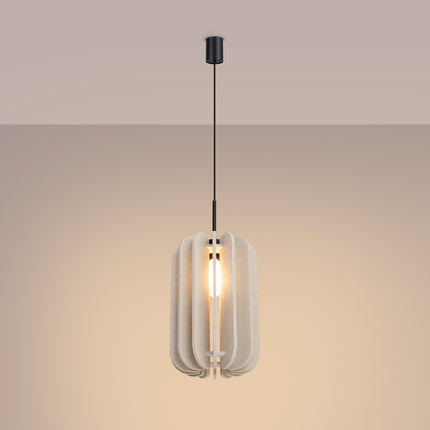 suspension lamelles de feutre 27 cm beige et noir, lumière allumée