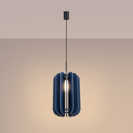 suspension lamelles de feutre 27 cm bleu marine et noir, lumière allumée