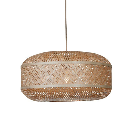 Suspension Langkawi en bambou tressé naturel, forme ronde, câble textile beige, sur fond blanc