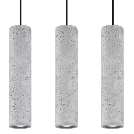 Suspension Ligne Béton 3, trois tubes en béton brut sur rampe, éteinte