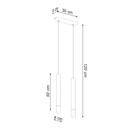 Schéma de cotes de la suspension 2 tubes : platine 30x6 cm, tube 50 cm, hauteur 120 cm