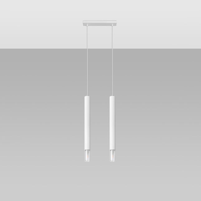 Détail des deux tubes de métal blanc et de leur diffuseur en verre transparent