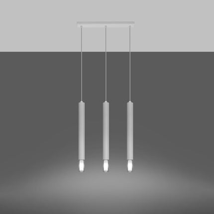 Suspension linéaire 3 tubes blancs allumés, faisceaux de lumière dirigés vers le bas