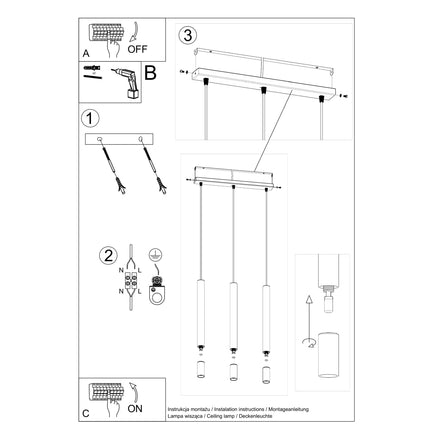 Schema de cotes de la suspension 3 tubes blanc, platine 45 cm, hauteur 120 cm, tube 50 cm