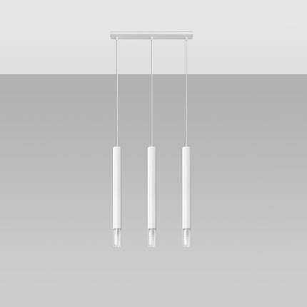 Suspension 3 tubes blancs alignés avec embouts en verre, vue d'ensemble sur fond gris
