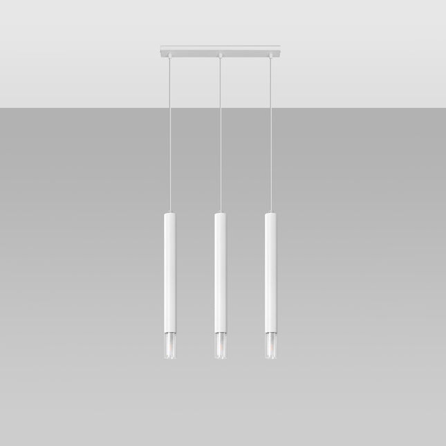 Suspension 3 tubes blancs alignés avec embouts en verre, vue d'ensemble sur fond gris