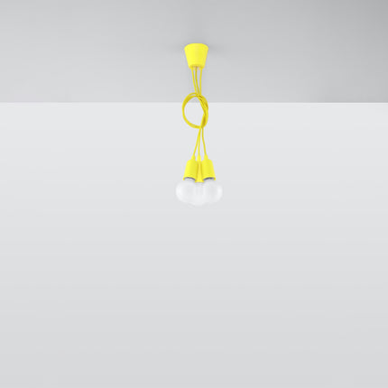 Vue d'angle de la suspension Ligne Pure jaune 3 lampes