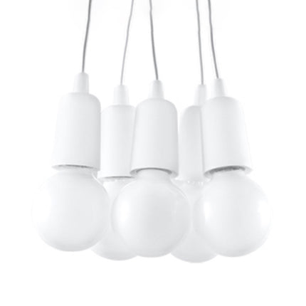 Suspension Ligne Pure blanche 5 douilles PVC, ampoules E27 apparentes en grappe, fond blanc