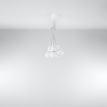 Vue d'angle de la suspension Ligne Pure blanche et de ses cinq ampoules apparentes
