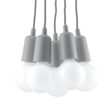 Suspension Ligne Pure grise 5 lampes, ampoules E27 apparentes en grappe