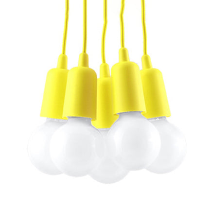Suspension Ligne Pure jaune 5 lampes, ampoules E27 apparentes en grappe