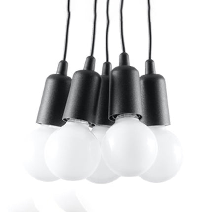 Suspension Ligne Pure noire 5 lampes, ampoules E27 apparentes en grappe