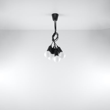 Vue d'angle de la suspension Ligne Pure noire 5 lampes