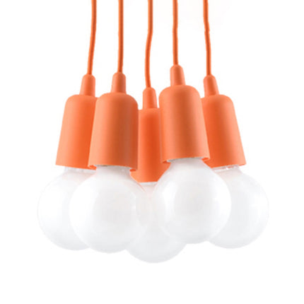 Suspension Ligne Pure orange 5 lampes, ampoules E27 apparentes en grappe