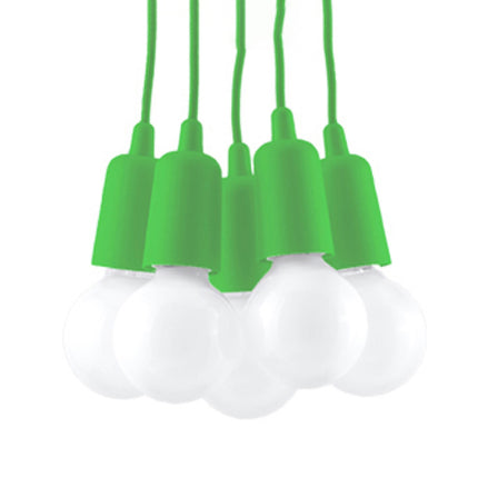 Suspension Ligne Pure verte 5 lampes, ampoules E27 apparentes en grappe