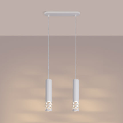 suspension linéaire 2 tubes à embout ajouré entrelacé blanc, lumière allumée