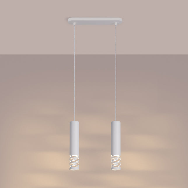 suspension linéaire 2 tubes à embout ajouré entrelacé blanc, lumière allumée