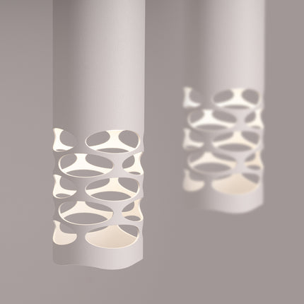 suspension linéaire 2 tubes à embout ajouré entrelacé blanc, vue de détail